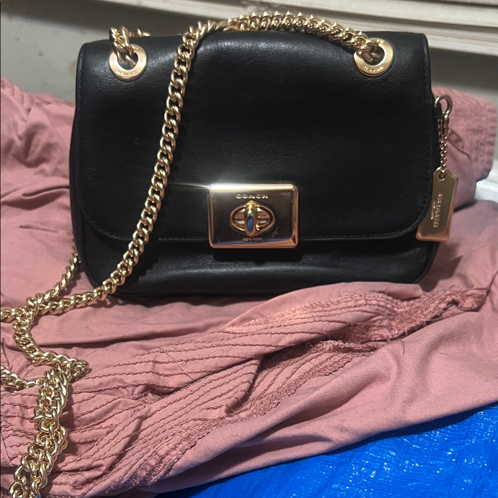 Coach Black Leather Shoulder Bag with Gold Chain